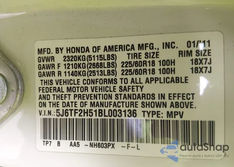 2011 Honda Accord Crosstour Ex-L z USA, uszkodzony, nr VIN 5J6TF2H51BL003136